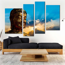 Load image into Gallery viewer, buddha statue canvas wall art blue sky sunrise buddha 4 piece canvas print brown buddha mind and soul multiple canvas
