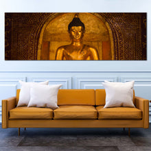 Load image into Gallery viewer, buddha  statue  canvas  wall  art  gold  buddha  1  piece  canvas  print  phra  buddha  sihing  canvas  artwork  brown  wat  phra  singh  temple  wide  canvas In Living Room 
