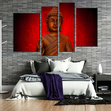 Load image into Gallery viewer, buddha statue canvas wall art orange buddha meditation 4 piece canvas print red background lord buddha canvas set for bedroom
