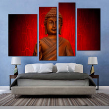 Load image into Gallery viewer, buddha statue canvas wall art orange buddha meditation 4 piece canvas print red background lord buddha canvas set
