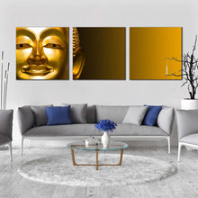 Load image into Gallery viewer, buddha  statue  canvas  wall  art  yellow  background  buddha  3  piece  multiple  canvas  gold  buddha  mind  and  soul  canvas  print In Living Room
