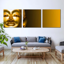 Load image into Gallery viewer, buddha  statue  canvas  wall  art  yellow  background  buddha  3  piece  multiple  canvas  gold  buddha  mind  and  soul  canvas  print For Living Room
