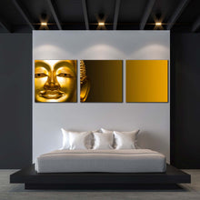 Load image into Gallery viewer, buddha  statue  canvas  wall  art  yellow  background  buddha  3  piece  multiple  canvas  gold  buddha  mind  and  soul  canvas  print For Bedroom
