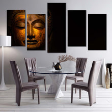 Load image into Gallery viewer, buddha statue canvas wall art yellow buddha 5 piece multi canvas artwork gold buddha face canvas print For Dining Room
