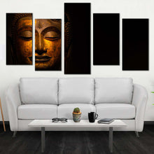 Load image into Gallery viewer, buddha statue canvas wall art yellow buddha 5 piece multi canvas artwork gold buddha face canvas print In Living Room
