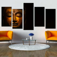 Load image into Gallery viewer, buddha statue canvas wall art yellow buddha 5 piece multi canvas artwork gold buddha face canvas print For Living Room
