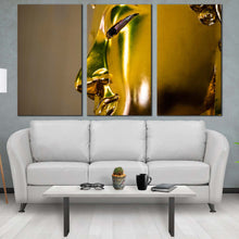 Load image into Gallery viewer, buddha statue canvas wall art yellow peaceful buddha close up 3 piece canvas print yellow buddha meditation statue canvas set For Living Room
