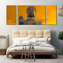 Load image into Gallery viewer, buddha  statue  canvas  wall  art  yellow  sky  hong  kong  buddha  multi  canvas  close  up  tian  tan  buddha  3  piece  canvas  big  brown  buddha  canvas  print In Bedroom
