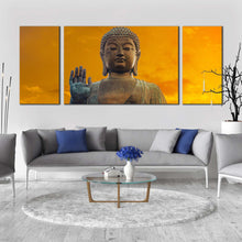 Load image into Gallery viewer, buddha  statue  canvas  wall  art  yellow  sky  hong  kong  buddha  multi  canvas  close  up  tian  tan  buddha  3  piece  canvas  big  brown  buddha  canvas  print For Living Room
