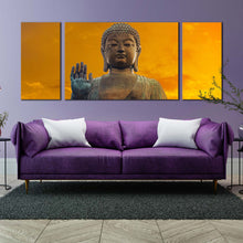 Load image into Gallery viewer, buddha  statue  canvas  wall  art  yellow  sky  hong  kong  buddha  multi  canvas  close  up  tian  tan  buddha  3  piece  canvas  big  brown  buddha  canvas  print In Living Room
