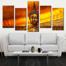 Load image into Gallery viewer, buddha temple canvas print buddhist temple in thailand 5 piece canvas wall art gold brown buddha multiple canvas In Living Room
