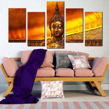 Load image into Gallery viewer, buddha temple canvas print buddhist temple in thailand 5 piece canvas wall art gold brown buddha multiple canvas For Living Room
