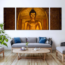 Load image into Gallery viewer, buddha  temple  canvas  print  phara  buddha  sihing  3  piece  canvas  wall  art  gold  buddha  multi  canvas  brown  lord  buddha  temple  canvas  set For Living Room
