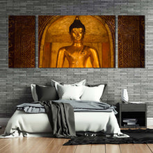 Load image into Gallery viewer, buddha  temple  canvas  print  phara  buddha  sihing  3  piece  canvas  wall  art  gold  buddha  multi  canvas  brown  lord  buddha  temple  canvas  set In Bedroom
