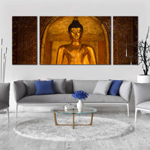 Load image into Gallery viewer, buddha  temple  canvas  print  phara  buddha  sihing  3  piece  canvas  wall  art  gold  buddha  multi  canvas  brown  lord  buddha  temple  canvas  set In Living Room
