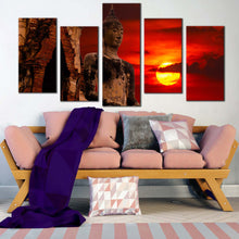 Load image into Gallery viewer, buddha temple canvas wall art thailand brown buddha 5 piece multi canvas artwork red sunset sky old buddha statue canvas print In Living Room
