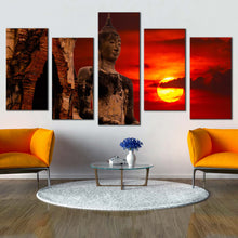 Load image into Gallery viewer, buddha temple canvas wall art thailand brown buddha 5 piece multi canvas artwork red sunset sky old buddha statue canvas print For Your Living Room
