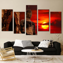 Load image into Gallery viewer, buddha temple canvas wall art thailand brown buddha 5 piece multi canvas artwork red sunset sky old buddha statue canvas print For Living Room
