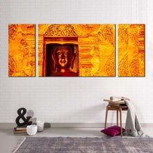 Load image into Gallery viewer, buddhist  temple  canvas  wall  art  gold  buddha  statue  3  piece  canvas  print  buddha  yellow  canvas  set
