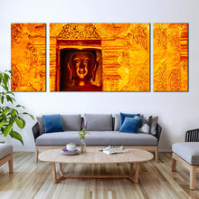 Load image into Gallery viewer, buddhist  temple  canvas  wall  art  gold  buddha  statue  3  piece  canvas  print  buddha  yellow  canvas  set In Living Room
