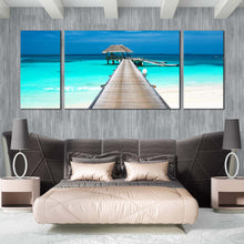Load image into Gallery viewer, bungalows at Maldives beach pier clean water triptych canvas prints For Bedroom
