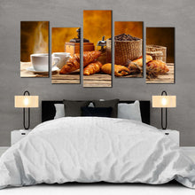 Load image into Gallery viewer, cafe breakfast canvas wall art white coffee cup beans multiple canvas brown coffee canvas photography 5 piece canvas print For Bedroom
