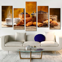 Load image into Gallery viewer, cafe breakfast canvas wall art white coffee cup beans multiple canvas brown coffee canvas photography 5 piece canvas print In Living Room
