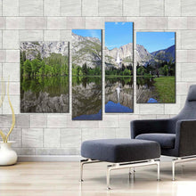 Load image into Gallery viewer, california waterfall canvas print yosemite national park green forest 4 piece canvas white sierra nevada mountains waterfall canvas print in living room
