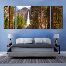 Load image into Gallery viewer, california  waterfall  canvas  wall  art  brown  mountain  waterfall  scenery  canvas  print  yosemite  waterfalls  green  forest  3  piece  canvas  set In Bedroom
