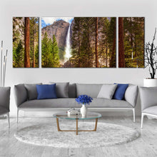 Load image into Gallery viewer, california  waterfall  canvas  wall  art  brown  mountain  waterfall  scenery  canvas  print  yosemite  waterfalls  green  forest  3  piece  canvas  set For Living Room
