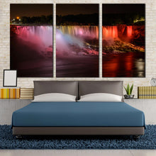 Load image into Gallery viewer, canada niagara Falls at night by colorful lights 3 panel canvas artwork In Bedroom
