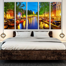 Load image into Gallery viewer, canal in amsterdam in the evening multi panel 5 piece canvas art In Bedroom
