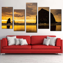 Load image into Gallery viewer, cannon beach canvas wall art haystack rock yellow sky canvas print black ocean rocks multiple canvas the needles 5 piece canvas set For Living Room
