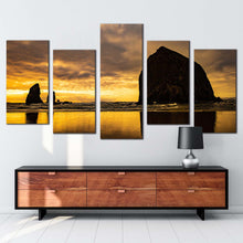 Load image into Gallery viewer, cannon beach canvas wall art haystack rock yellow sky canvas print black ocean rocks multiple canvas the needles 5 piece canvas set 
