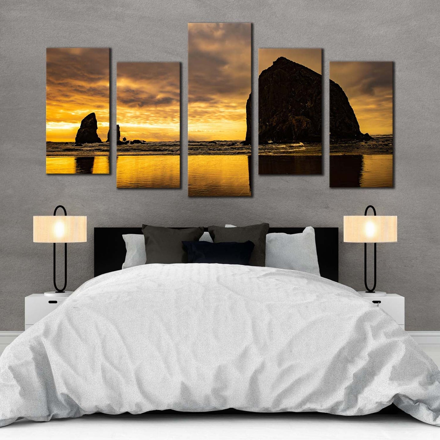 cannon beach canvas wall art haystack rock yellow sky canvas print black ocean rocks multiple canvas the needles 5 piece canvas set For Bedroom