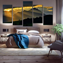 Load image into Gallery viewer, canvas print Of Amazing Mountains Landscape 5 Piece Sunrays Clouds Multi panel Magical Scenery Sunset Landscape decor For Bedroom
