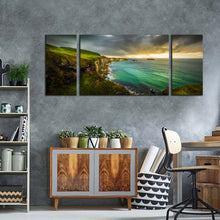 Load image into Gallery viewer, carrick  sea  canvas  print  green  ireland  ocean  3  piece  canvas  wall  art  yellow  sunset  coastline  ocean  triptych  canvas  set
