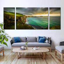 Load image into Gallery viewer, carrick  sea  canvas  print  green  ireland  ocean  3  piece  canvas  wall  art  yellow  sunset  coastline  ocean  triptych  canvas  set For Living Room
