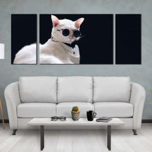 Load image into Gallery viewer, cat  animal  canvas  print  cat  posing  in  black  background  3  piece  multi  canvas  artwork  white  cool  cat  canvas  wall  art In Living Room
