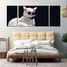 Load image into Gallery viewer, cat  animal  canvas  print  cat  posing  in  black  background  3  piece  multi  canvas  artwork  white  cool  cat  canvas  wall  art For Bedroom
