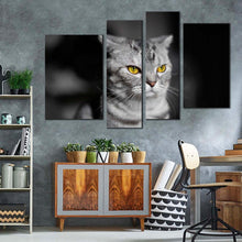 Load image into Gallery viewer, cat animal canvas print grey cat sitting 4 piece canvas wall art yellow cat eyes pet multi canvas for living room
