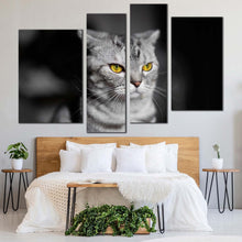 Load image into Gallery viewer, cat animal canvas print grey cat sitting 4 piece canvas wall art yellow cat eyes pet multi canvas
