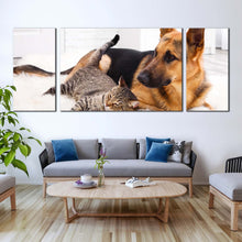 Load image into Gallery viewer, cat  animal  canvas  wall  art  cat  and  dog  chilling  3  piece  canvas  set  black  brown  dog  and  cat  triptych  canvas  print In Living Room
