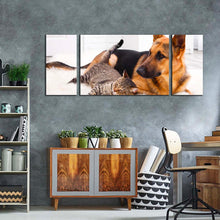 Load image into Gallery viewer, cat  animal  canvas  wall  art  cat  and  dog  chilling  3  piece  canvas  set  black  brown  dog  and  cat  triptych  canvas  print
