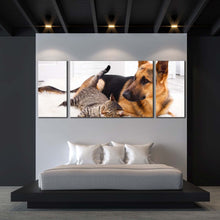 Load image into Gallery viewer, cat  animal  canvas  wall  art  cat  and  dog  chilling  3  piece  canvas  set  black  brown  dog  and  cat  triptych  canvas  print For Bedroom
