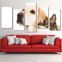 Load image into Gallery viewer, cat animal canvas wall art white brown dog and cat 5 piece canvas print cat dog pets multi canvas In Living Room
