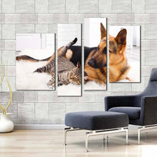 Load image into Gallery viewer, cat dog canvas wall art cat and dog relaxing canvas print brown black pets portrait 4 piece canvas multi canvas artwork in living room
