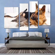 Load image into Gallery viewer, cat dog canvas wall art cat and dog relaxing canvas print brown black pets portrait 4 piece canvas multi canvas artwork for bedroom
