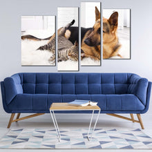 Load image into Gallery viewer, cat dog canvas wall art cat and dog relaxing canvas print brown black pets portrait 4 piece canvas multi canvas artwork
