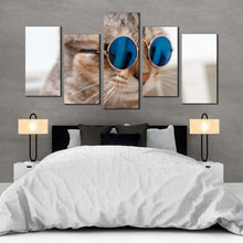 Load image into Gallery viewer, cat pet canvas print brown cat portrait 5 piece canvas wall art smart cat wearing sunglasses multiple canvas For Bedroom
